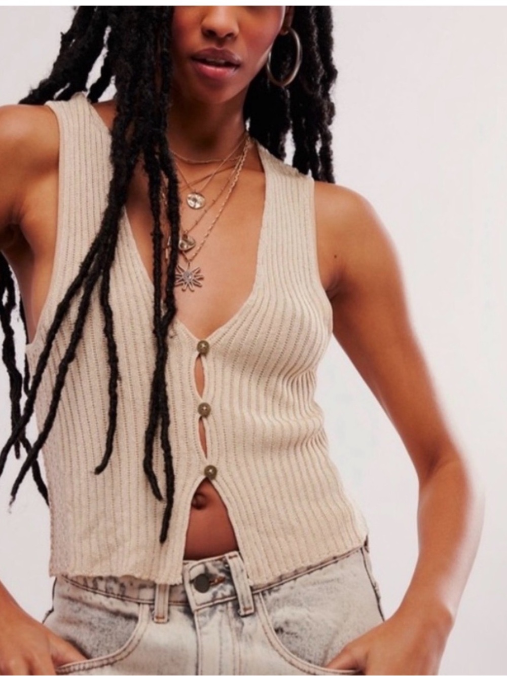 Free People Ribbed Button-Front V-Neck Tank in Beige NWT size small